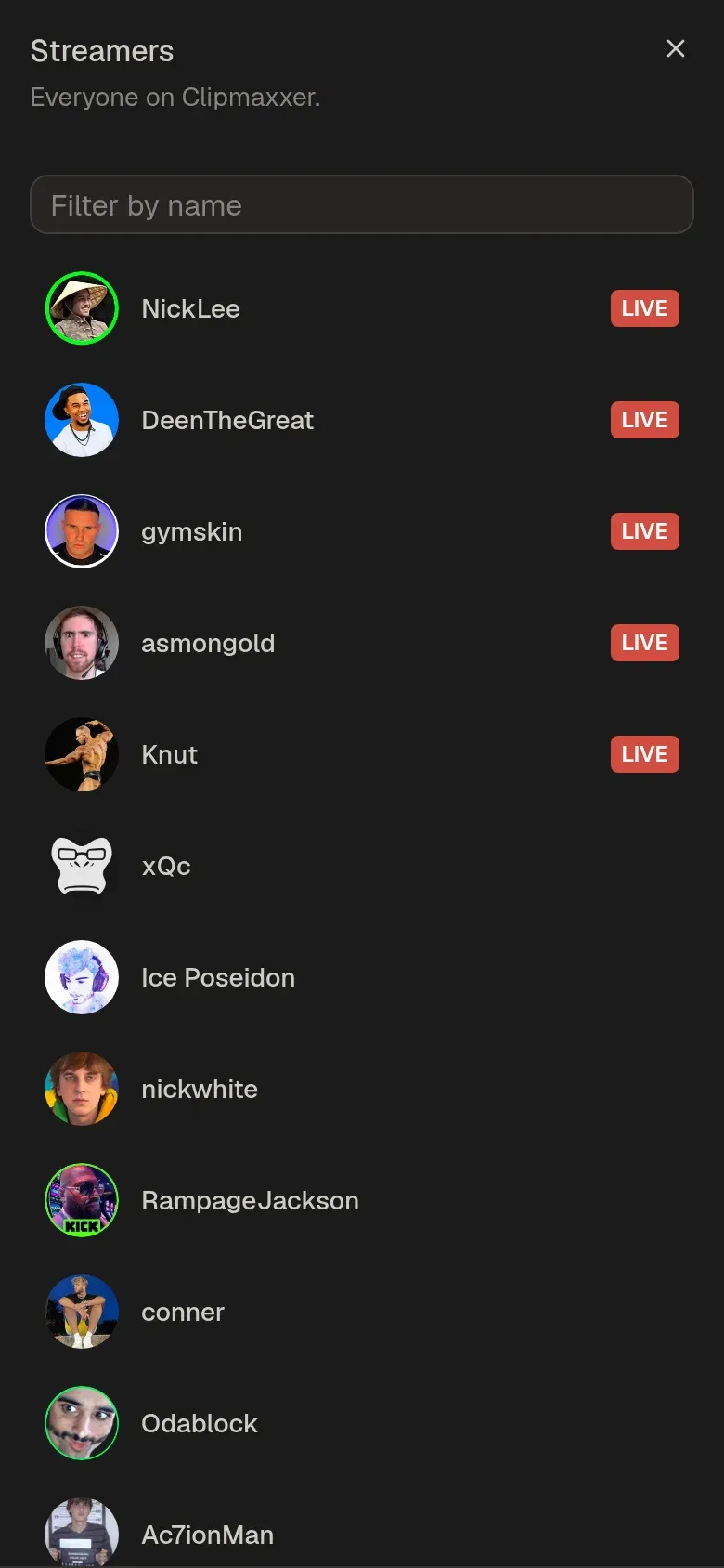 The streamers list in Clipmaxxer, with streamers who are live at the top.